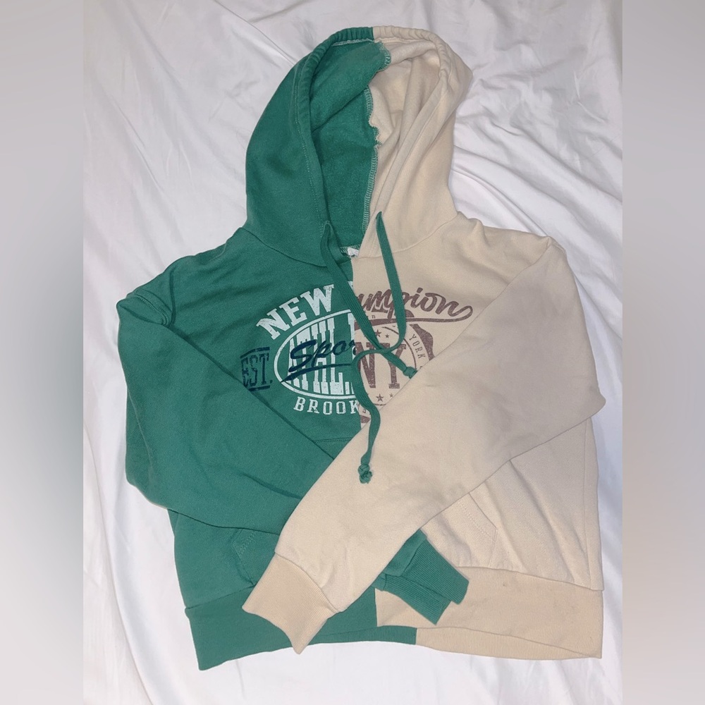 Green and cream cropped hoodie